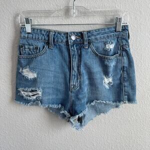 BDG High Rise Cheeky Shorts Women's 28 Ripped Cut Off Distressed Cotton Med Wash